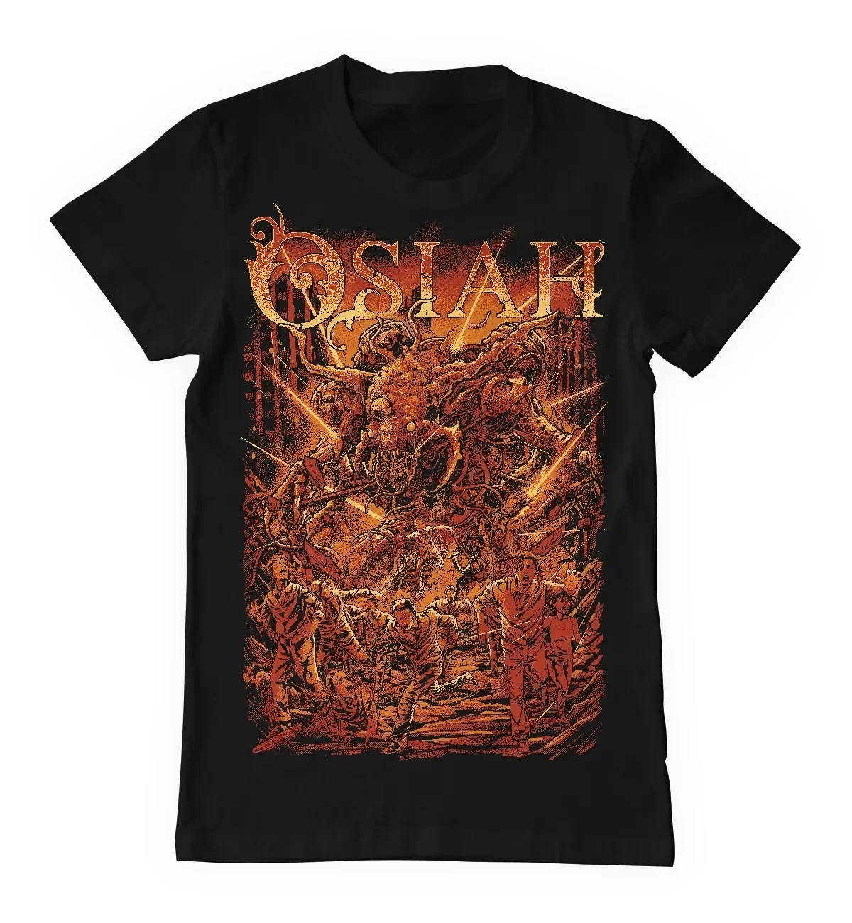 Osiah Graphic T‑Shirt Apocalyptic Disaster Print Distressed Vintage Band Logo on Top Giant Multi‑Eyed Tentacle Monster