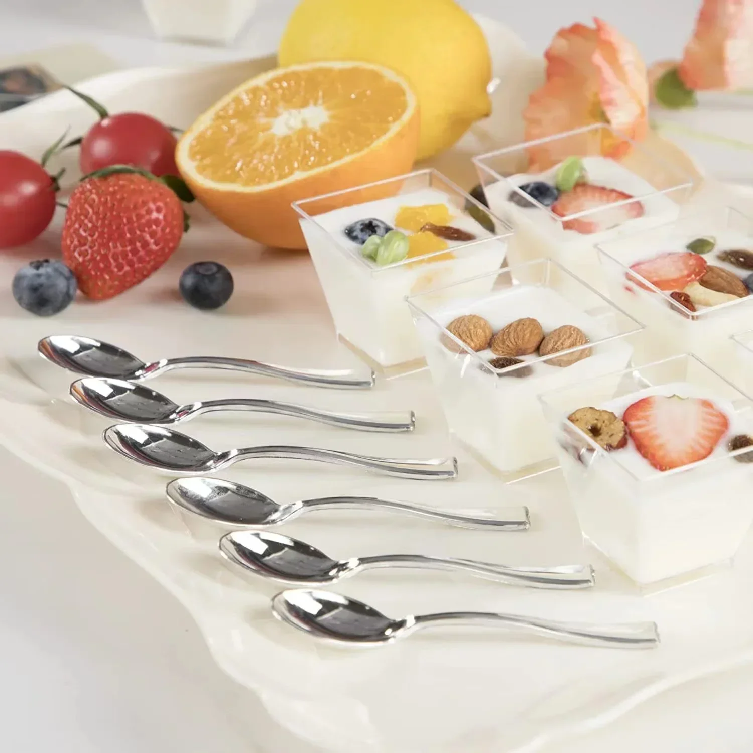 100 Pack Pudding Cups With Spoon Mini Plastic Dessert Cups Shooter Cups Mousse Cake Cups Fruit Ice Cream for Home Party Supplies