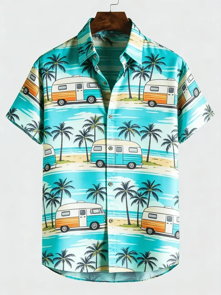 Men's Beach Sunset Coconut Tree Print Short Sleeve Shirt Spring Summer Hawaiian Vacation Casual Top Pocket Lapel Style