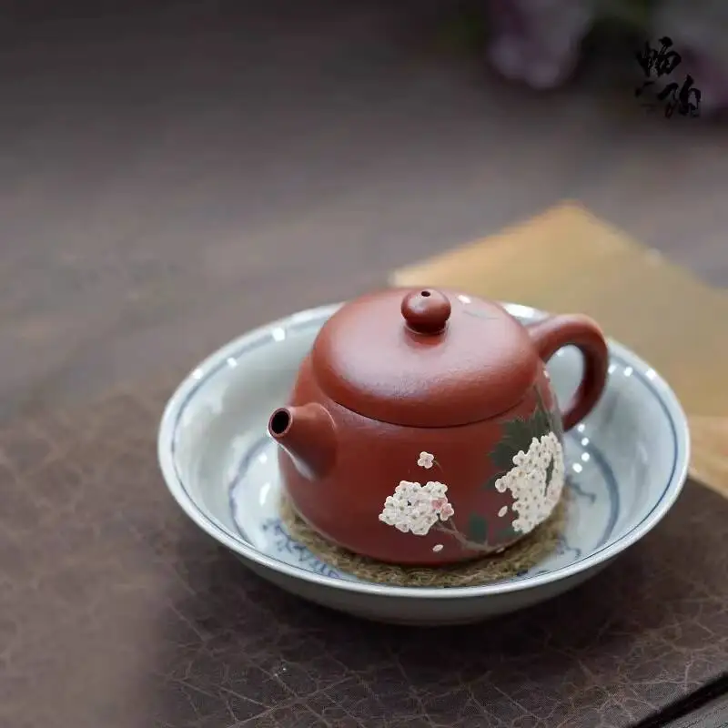 [Changtao]Yixing Zisha Handmade Tea Pot Li Xiaolu Zhu Clay Painted Hydrangea Round Harmony 190Cc
