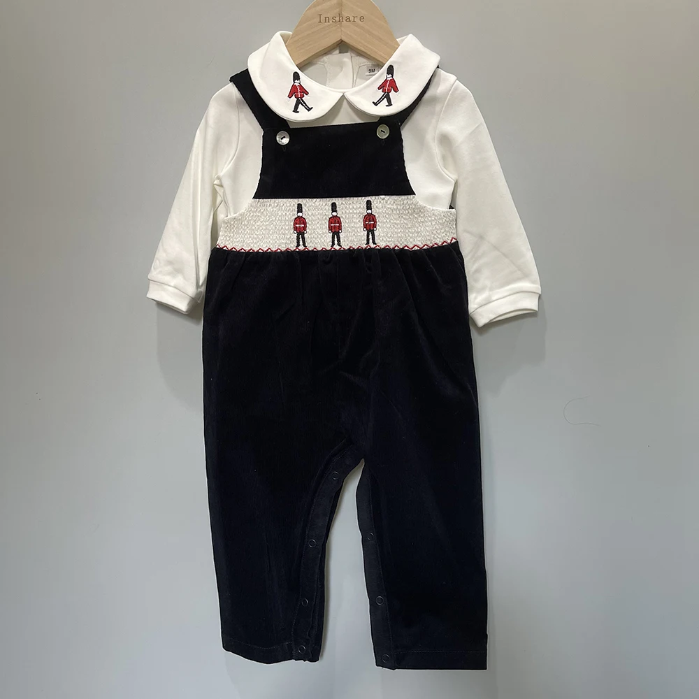 Baby Boy Christmas Set Suspenders Outfit Navy Blue Soldier Embroidered Corduroy Trousers British Jumpsuit Cut Children Boutique