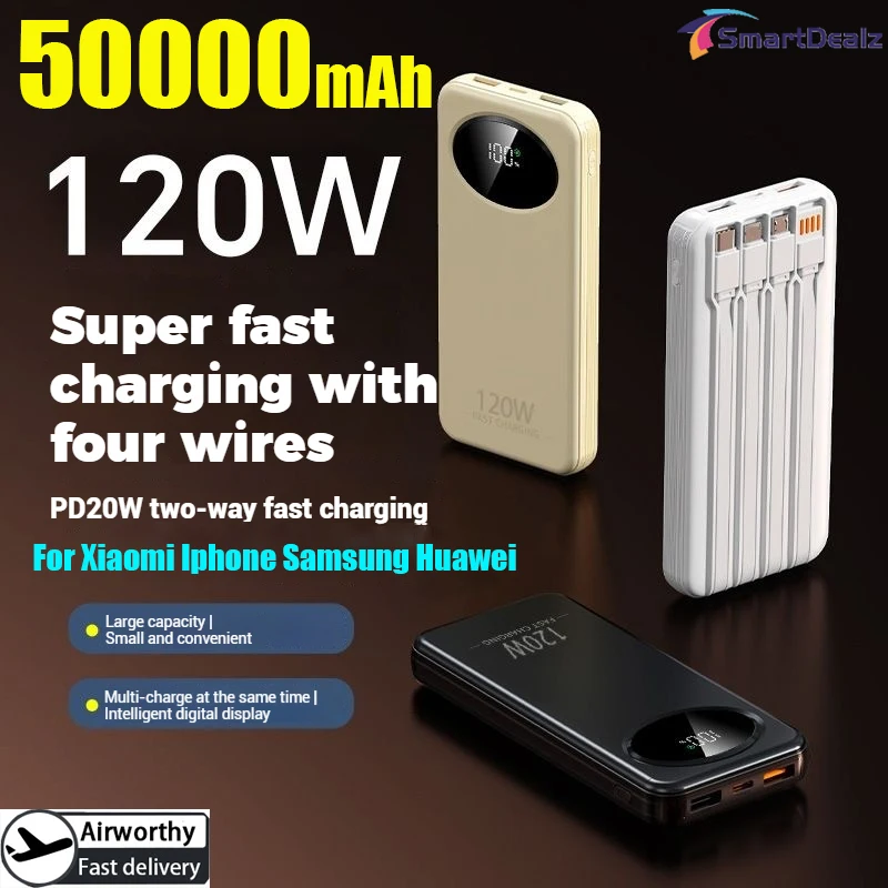

50000mAh Large Capacity Power Bank with Four Cables 120W Fast Charging Portable Battery LED Display Powerbank for Xiaomi iPhone
