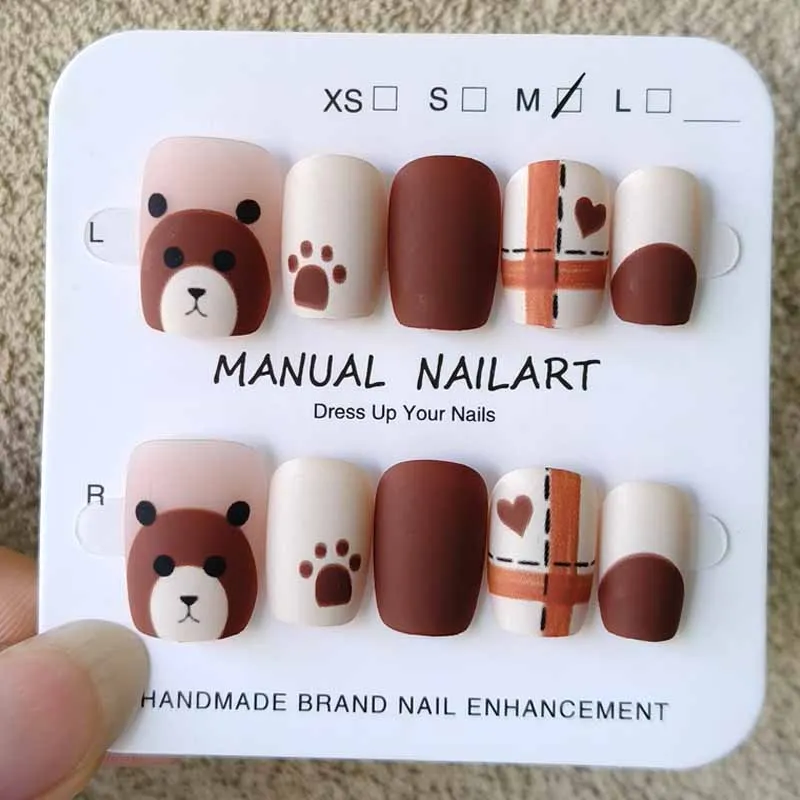 10Pcs Autumn and Winter Nail Art Maillard Press on Nails Cute Cartoon Frosted Raccoon Oil Painting Cat Nail Patch Nail Slices view 3