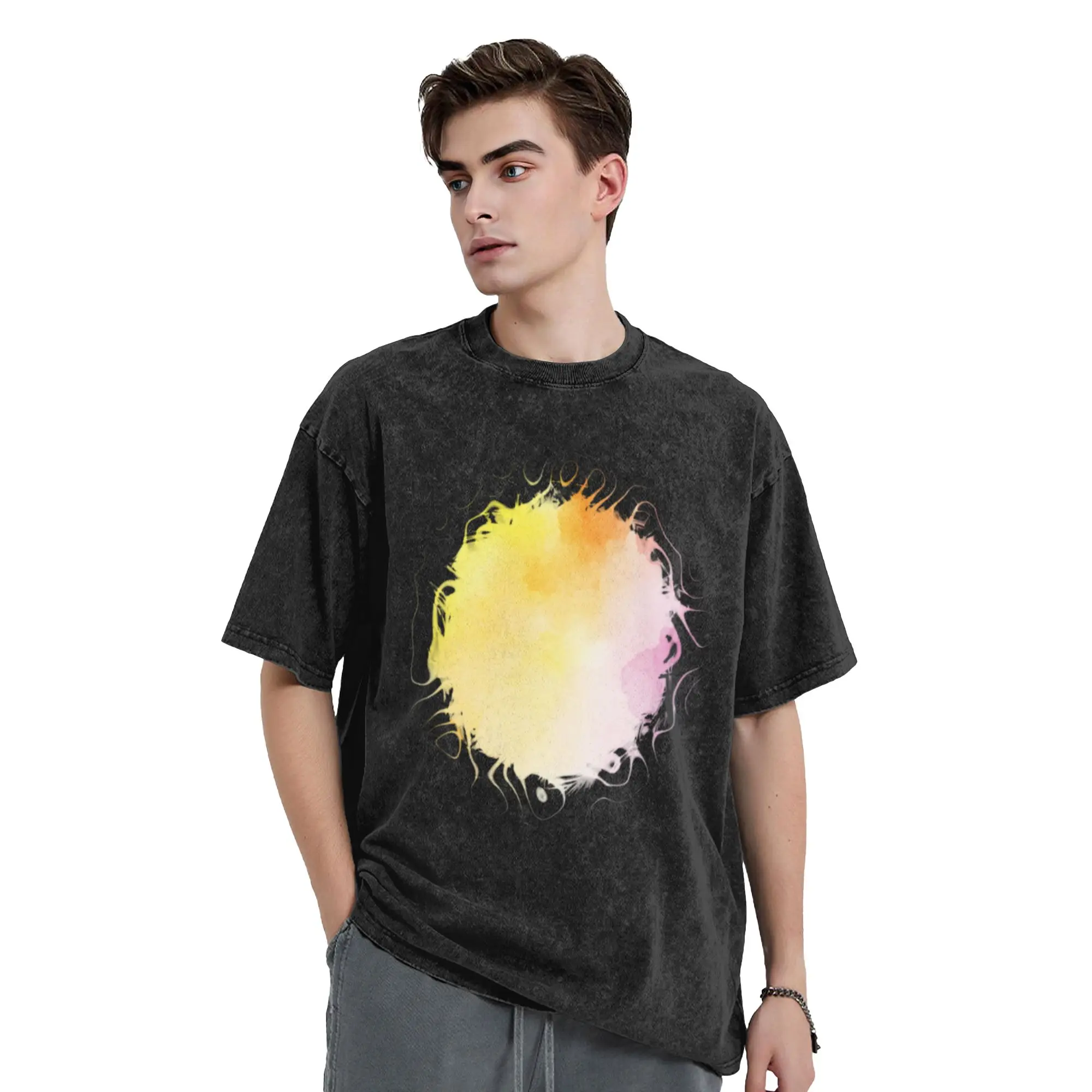 Yellow Pink Watercolor Splash   Circular Abstract Texture  A T-Shirt Oversized Short Sleeve Men's Women's Cotton Tees Tops