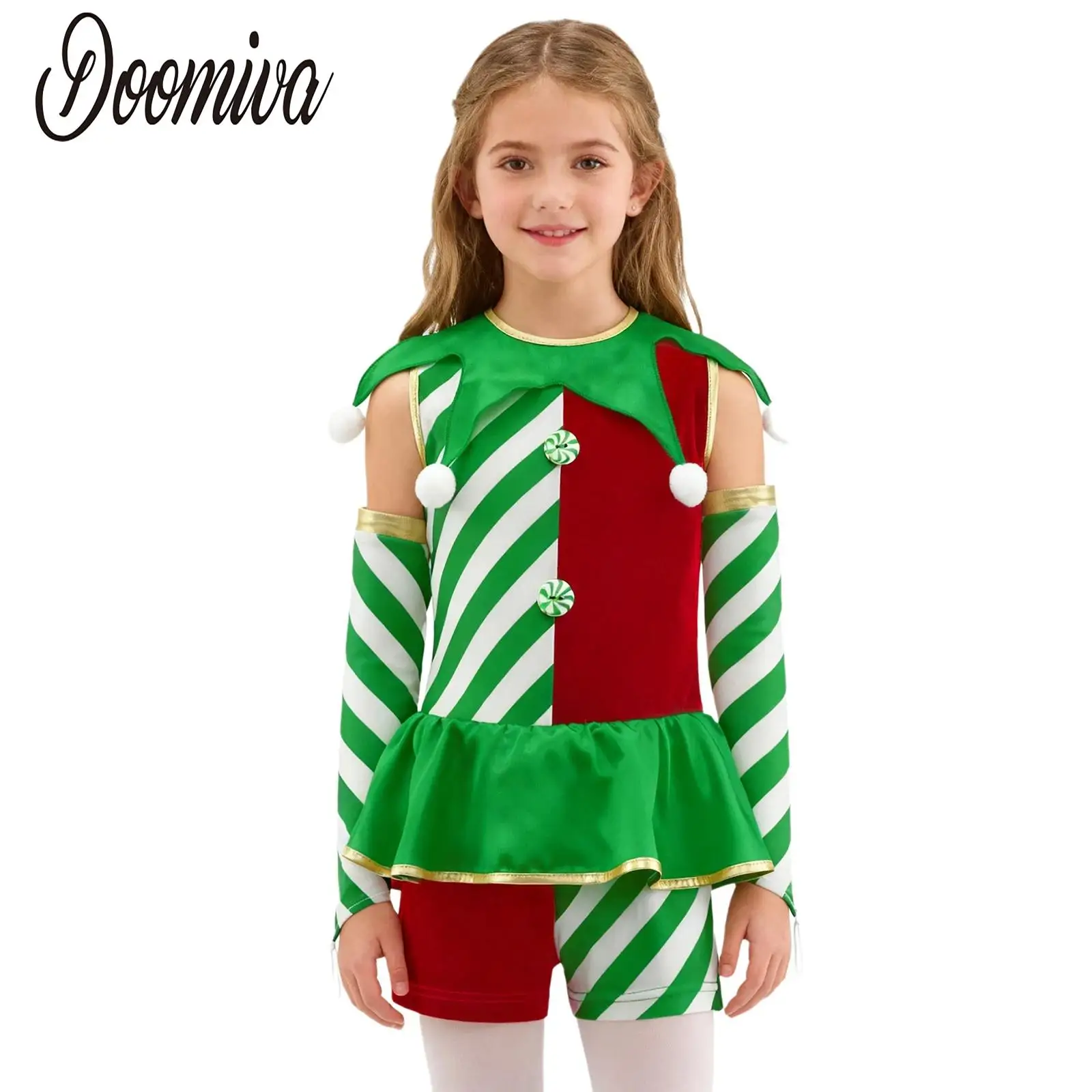

Girls Christmas Striped Elf Costumes OutfitsClown Fancy Dress Up Sets Waist Ruffled Pompoms Overlay Jumpsuit And Oversleeves