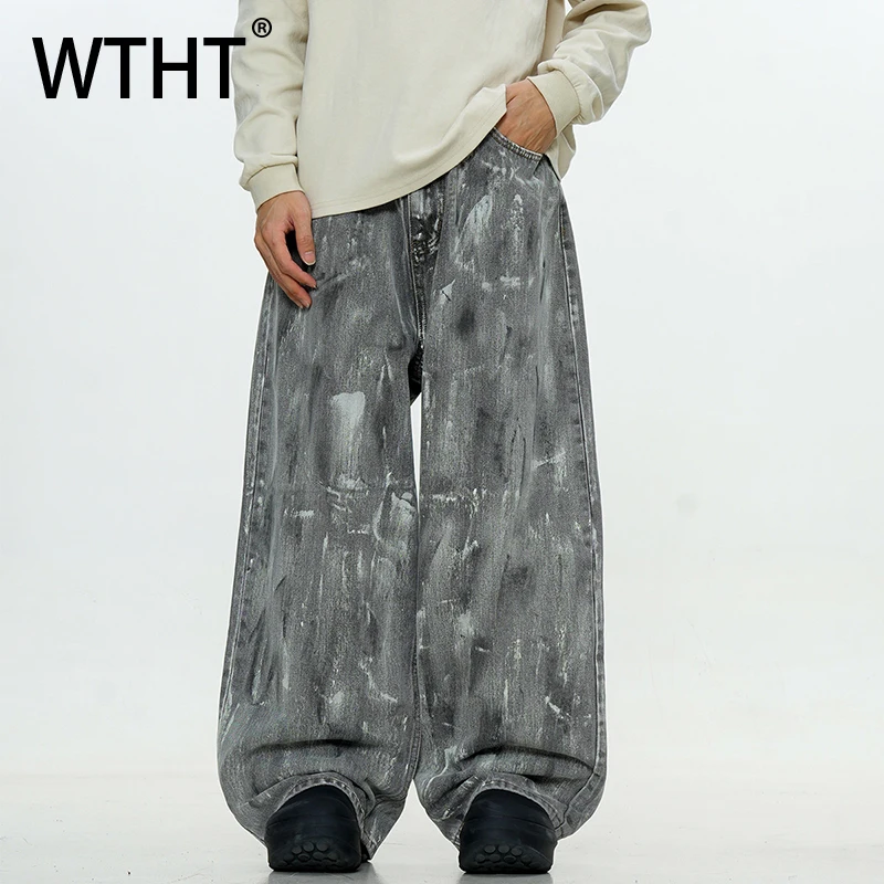

WTHT Fashion 2025 Summer Men's Irregular Graffiti Design Denim Pants Vintage American Style Straight Wide Leg Jeans Male 2A0750