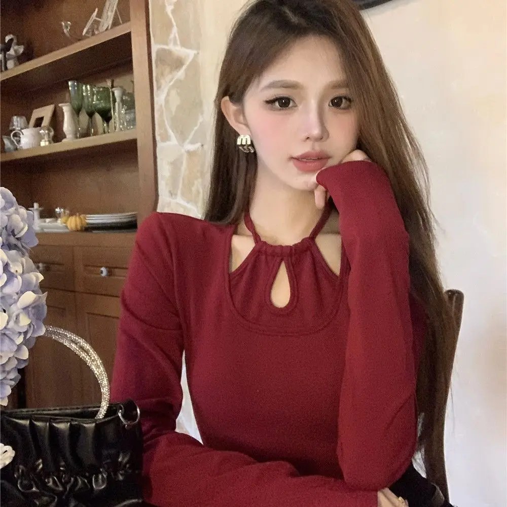 Solid Color Sexy Slim Undercoat Long Sleeve Women\'s Clothing Summer Hollow Out Pullovers Tops 2024 New Fashion Red T-Shirts