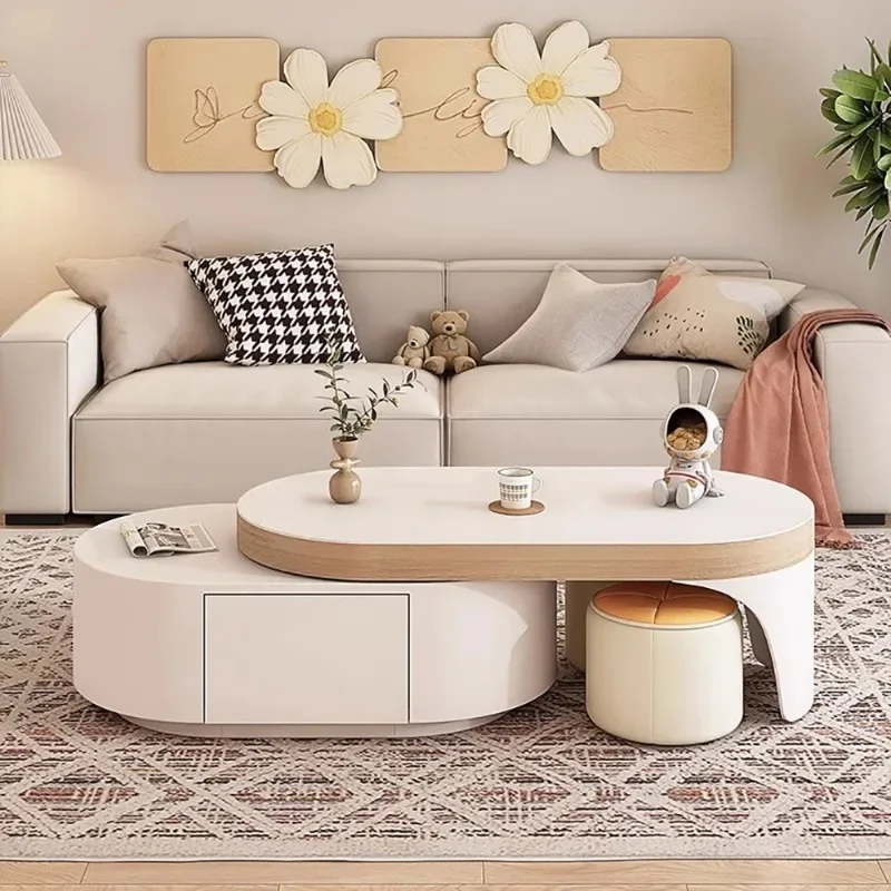 Einzigartiger ästhetischer Couchtisch mit Schublade, hochwertiger ausziehbarer Couchtisch im ovalen Design, nordische Möbel für den Raum