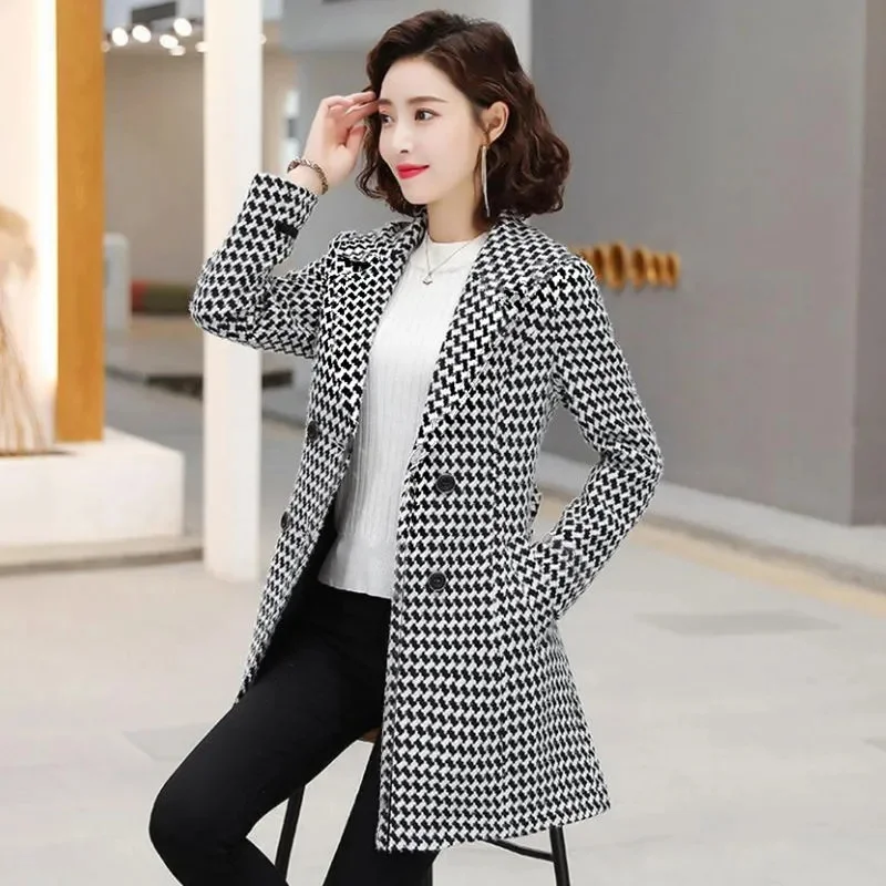 

Windbreaker Mid-Length Coat Women's 2022 Autumn New All-Match Korean Version Slim Fashion High-End Houndstooth Coat Coat Women W