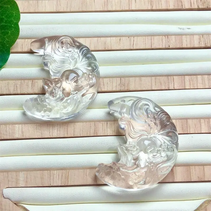 2PCS Natural Clear Quartz Moon Fox Pendant Carving Making For Earring Bracelet Jewelry Gift DIY Accessories 43x34mm