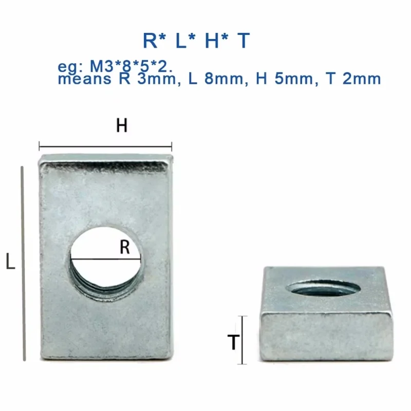 M3 M4 M5 M6 M8 M10 M12 304 Stianless Steel Square Nut Rectangular Nuts Thin Slider Block Nuts Aluminum Profile Accessory