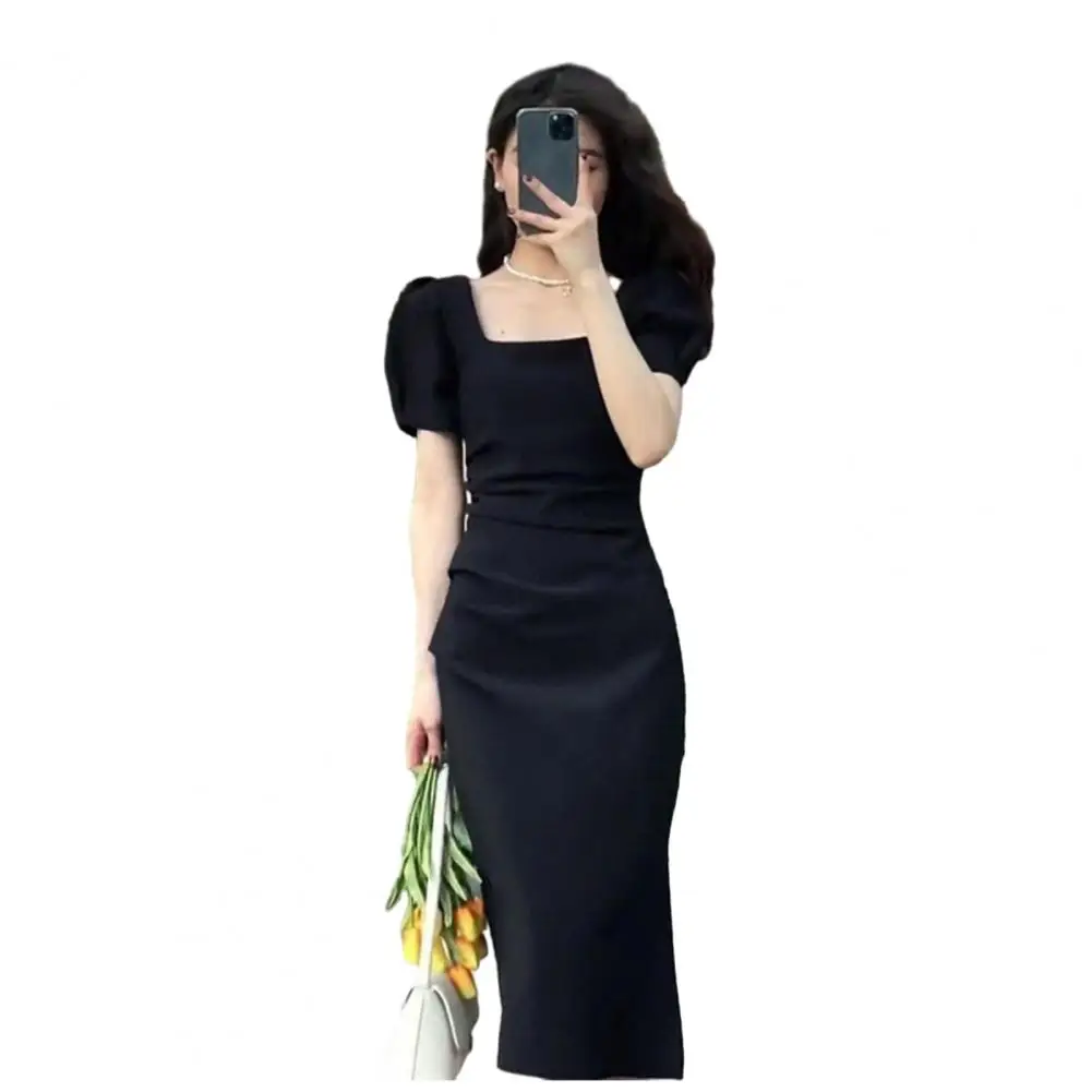 

Women Dress Square Neck Long Sleeve Slim Fit Tight Waist Split Vintage Long Prom Vestidos Summer