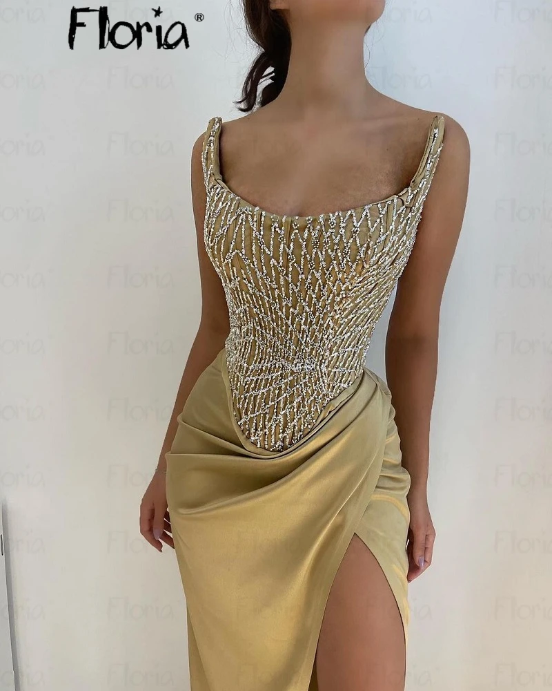 Elegante vestido de festa com decote redondo feminino, fenda lateral frisada brilhante, roupeiro de festa, vestidos de noite de casamento, vestidos formais, personalizados, 2023