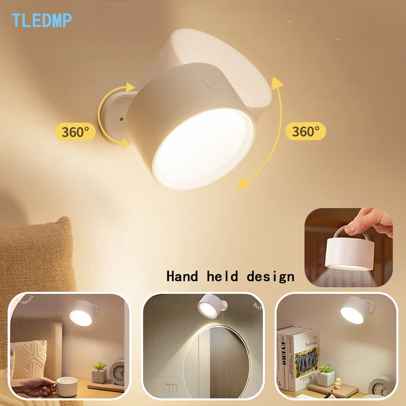 Rechargeable Wall Sconce 360° Rotation Cordless Wall Light 3-Color Changing Closet Light for Study Bedroom Reading Bedside