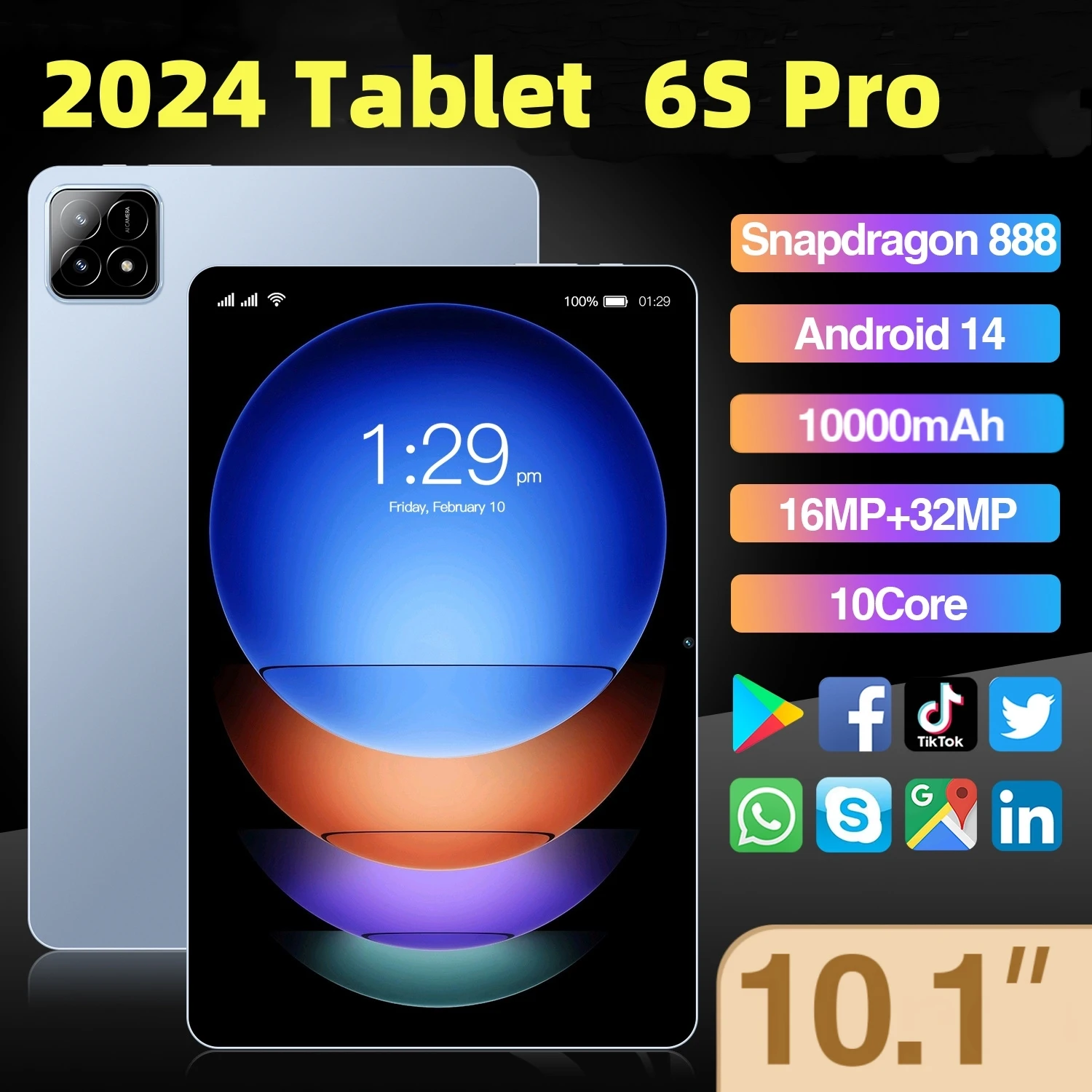 Global Version Tablet Pad 6S Pro Xioaml Android 14 16GB+1TB 10.1inch HD 4K 10000mAh 5G Dual SIM Dual Camera WiFi GPS Tablet PC