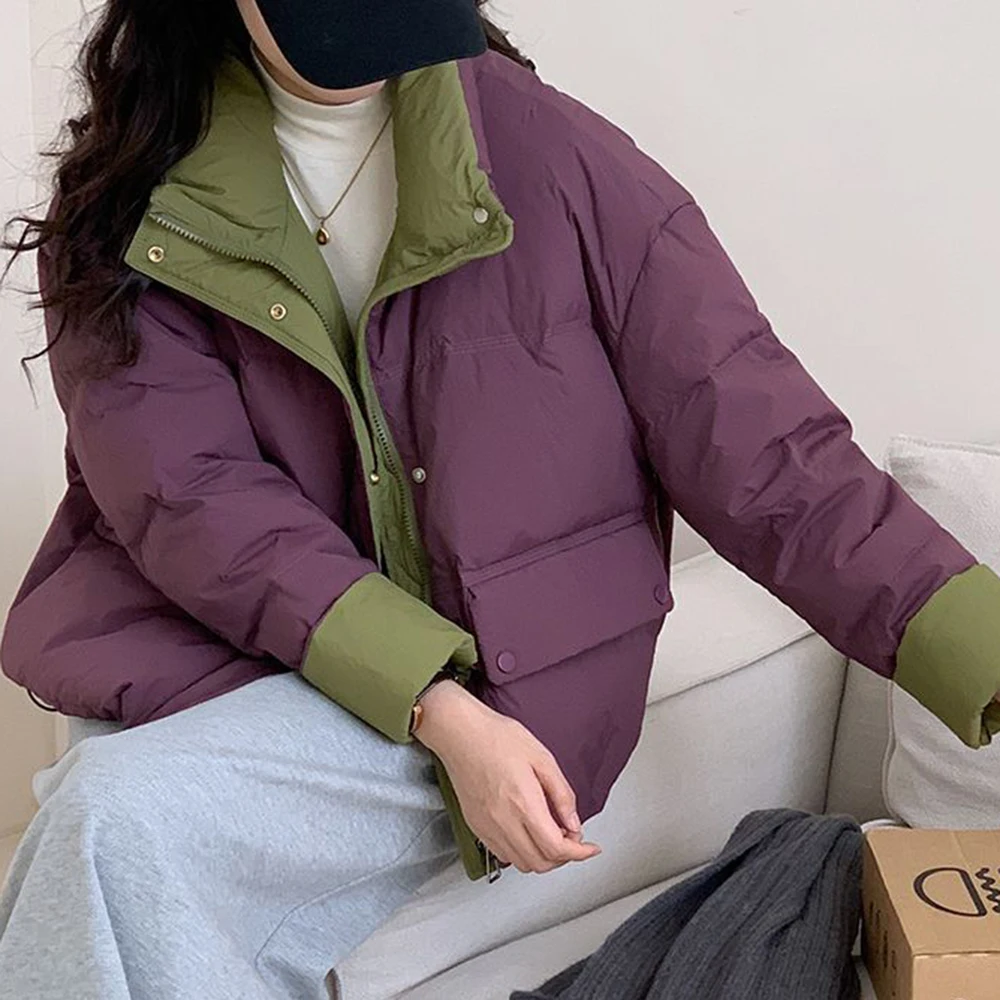 

2025 winter thickened new fashion bread cotton-padded clothes loose Korean stand-up collar contrasting color cotton clothes