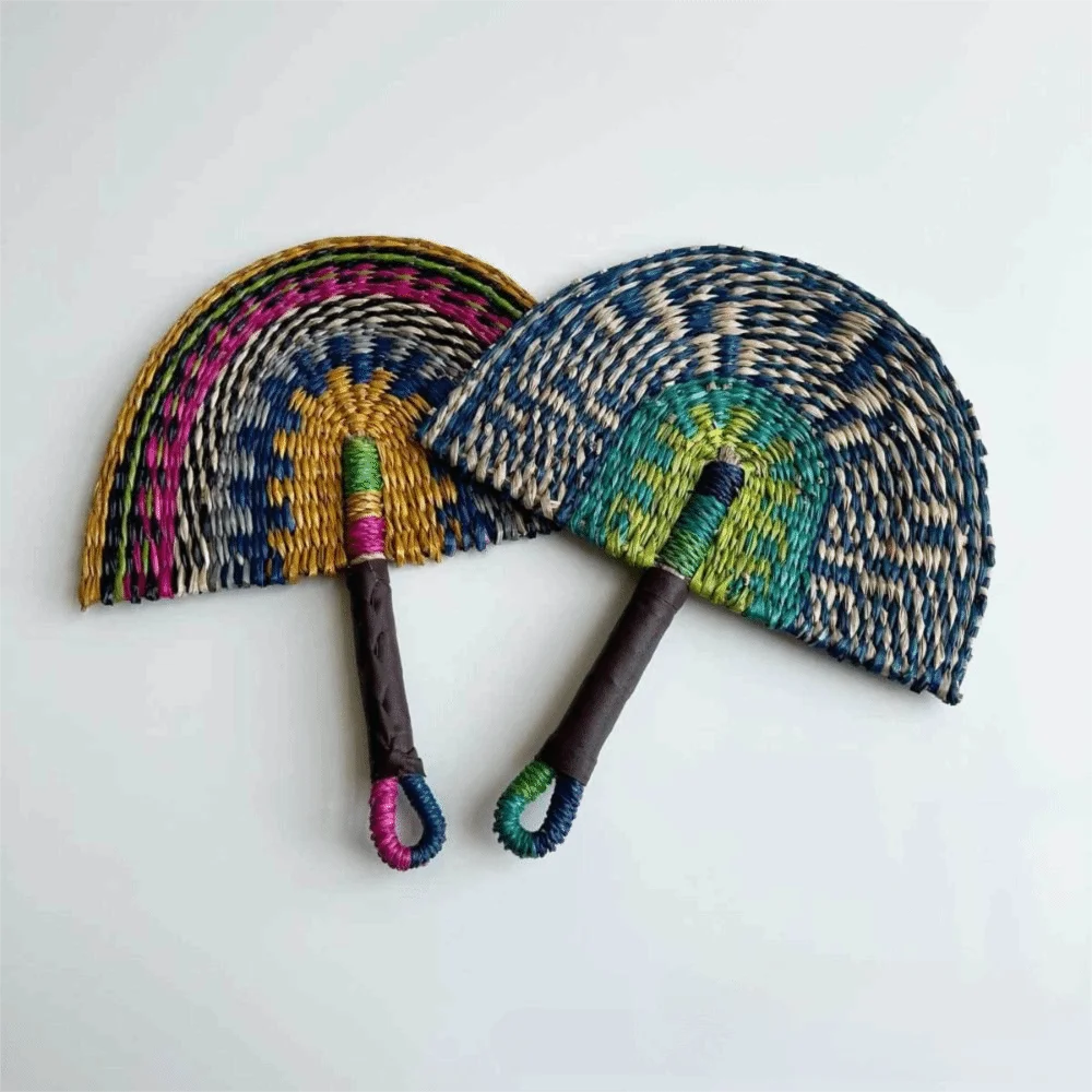 Natural Seaweed Straw Fan Handmade Semicircular Grass Woven Fan Boho Style Handheld Fan Home Decor