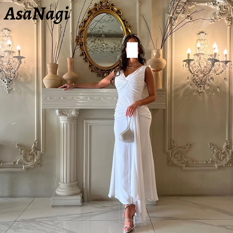 

AsaNagi Elegant Mermaid Evening Gown Women's V Neck Pleated Party Prom Dress White Ankle Length Saudi Special Occasion Dresses