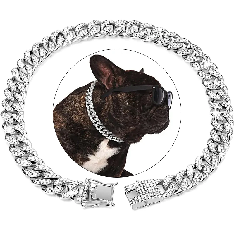 

Diamond Cuban Collar with Secure Buckle, Dog Chain Collars, Small Medium and Large Dogs, Cat Gold Chain Pet Necklace