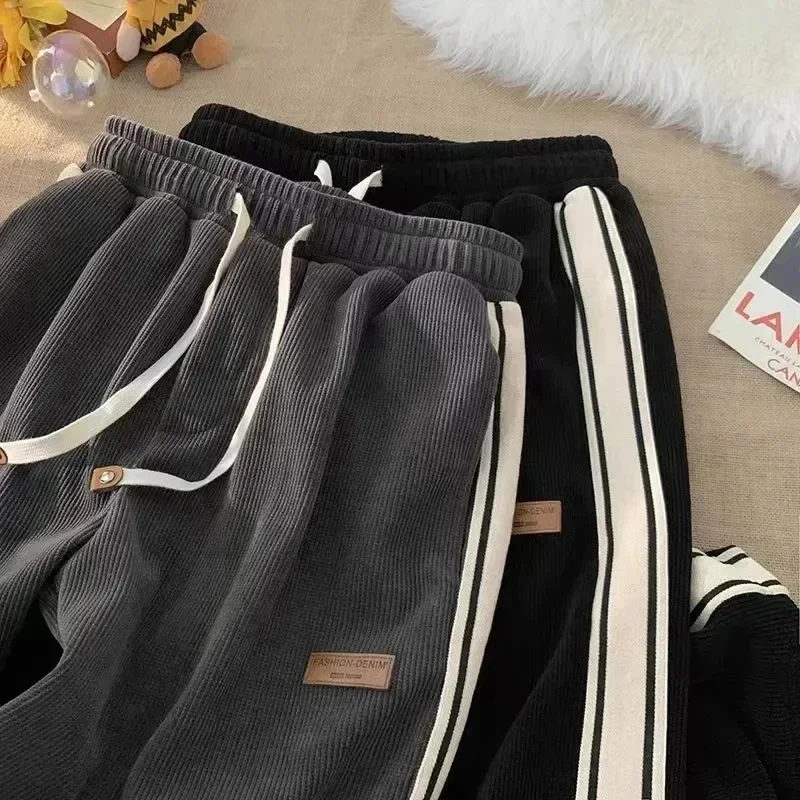 Trousers2025 Corduroy Striped Sweatpants Women Streetwear Thick Wide Leg Pants Y2K Harajuku High Waist Joggers Korean Baggy