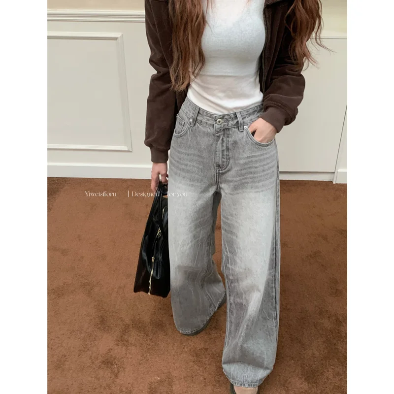 Summer Grey Womens Jeans High Waist Baggy Casual Vintage Y2K Trend Straight Cargo Pants Street American Wide Leg Denim Trouser