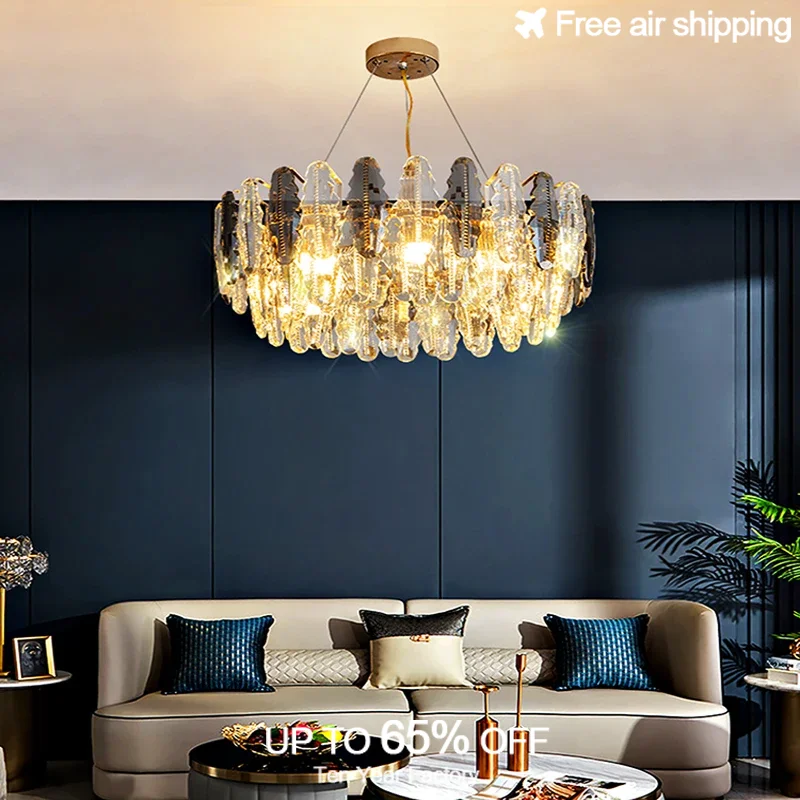 

Dining Room Ceiling Lighting Modern LED Chandelier with Gold Leaf Shaped Crystal Pieces Decorative Hanging Light Fixtures