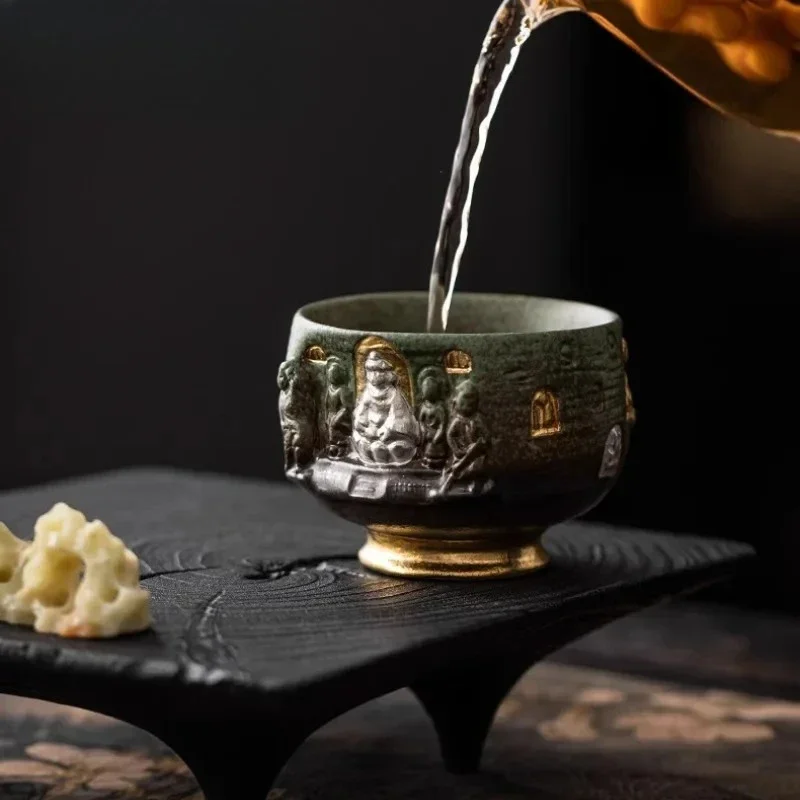 160ml Wabi-sabi Style Longmen Grottoes Buddha Teacup Retro Tea Bowl Mug Tea-tasting Personal Cup Chazhan Master Cups Tea Service