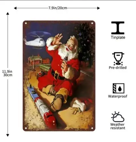 CHRISTMAS COCA-COLA? METAL TIN SIGN SANTA CLAUSE PLAYING WITH TRAIN SET WALL ART sign sign