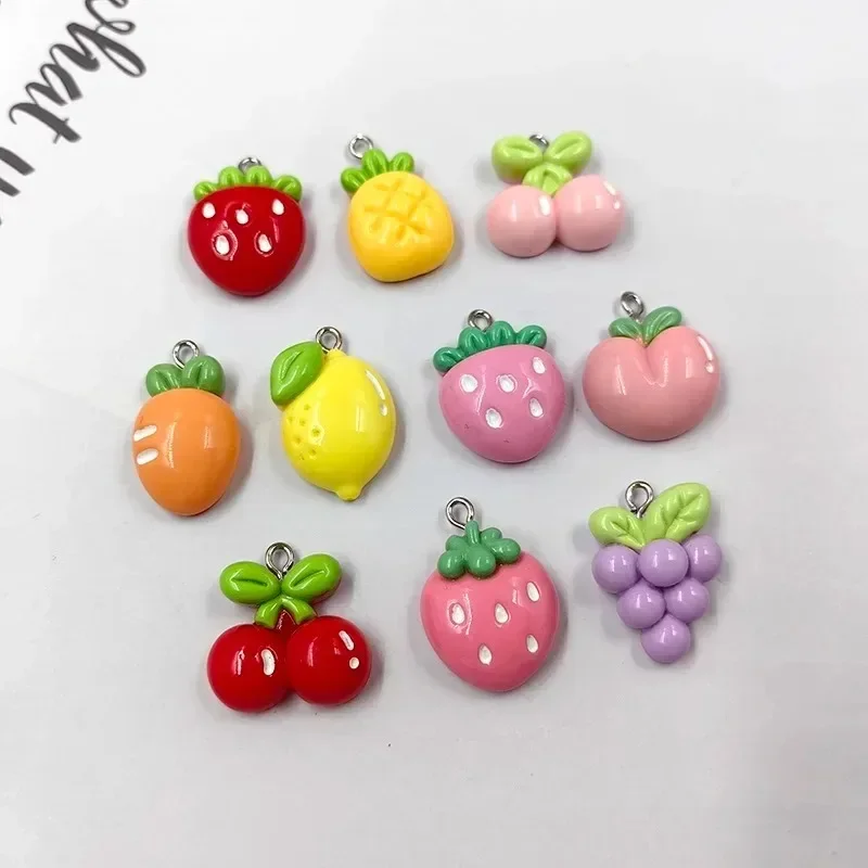 10Pcs Cherry Lemon Grape Strawberry Mixed Fruit Resin Charms Simulation Pendants For Handmade Earring Phone Case Jewelry Making