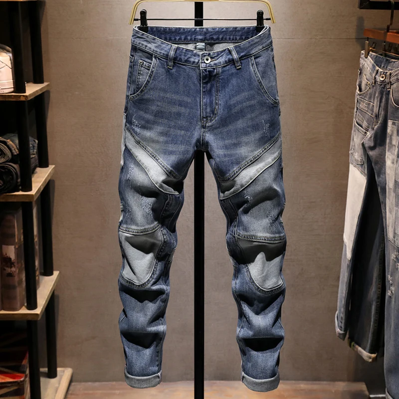 

Street Designer Fashion Men Jeans Retro Washed Blue Stretch Slim Fit Spliced Ripped Jeans Men Hip Hop Vintage Denim Pants Hombre