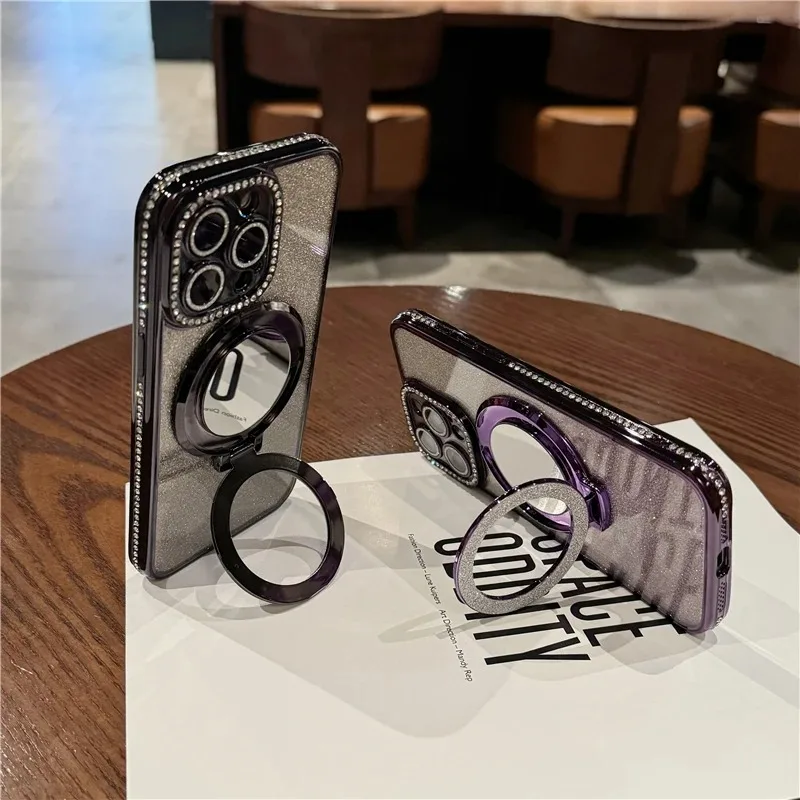 Luksusowa obudowa z powłoką galwaniczną, lustrem, uchwytem i diamentową ramką do iPhone 16E Pro Max, pasuje również do iPhone 11 12 13 14 15 16 Plus 17 Air Cover — zdjęcie produktu 3