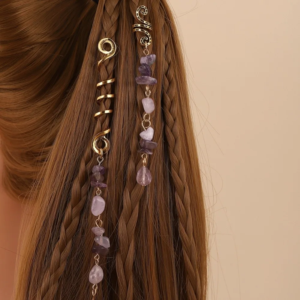 2Pcs/Set Long Tassel Dreadlock Hair Jewelry Irregular Stone Vintage Ethnic Style Spiral Dreadlock Hair Clip Alloy