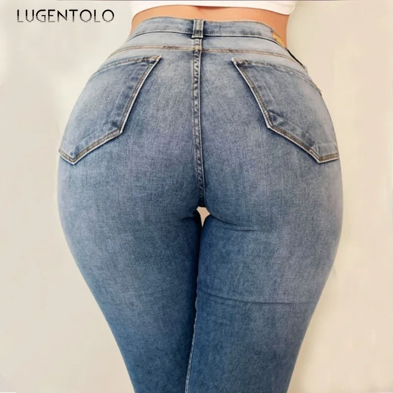 

Lugentolo Women Skinny Jeans Sexy Spring Summer Female Tight Slim Bleached Simple Street Washed Long Pencil Casual Trousers