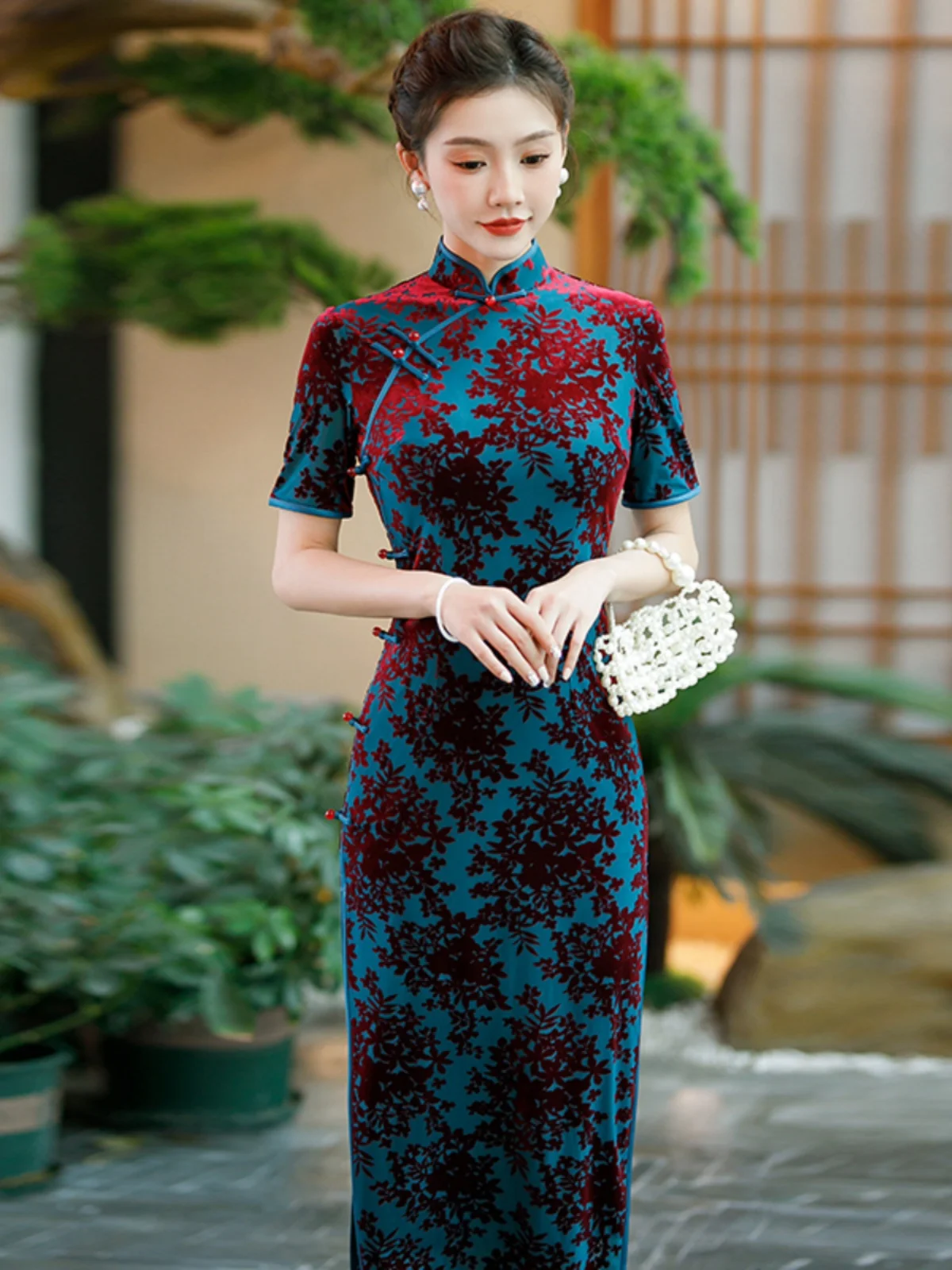 

Ele Long Dr Retro Sle Mommy Daily Wear Slimming Design Breathable ort Sve Floral Print Chinese Faion