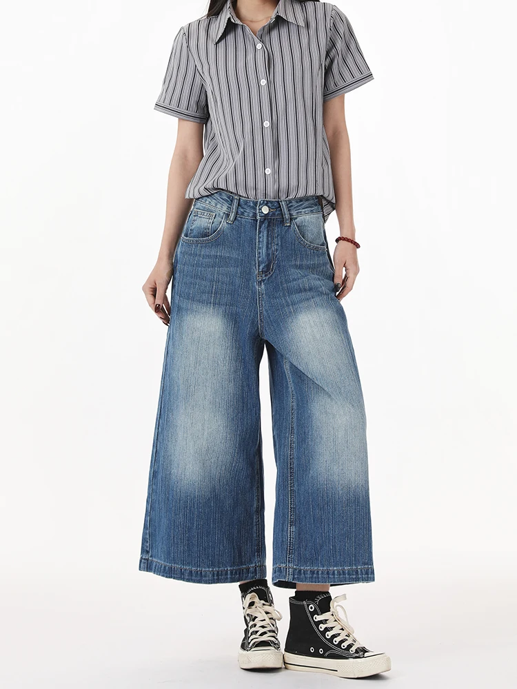 

Retro American Blue Wide Leg Seven-Foot Denim Jeans Women Summer High Waist Washed out Loose Slimming Vintage Mid-Length Pants