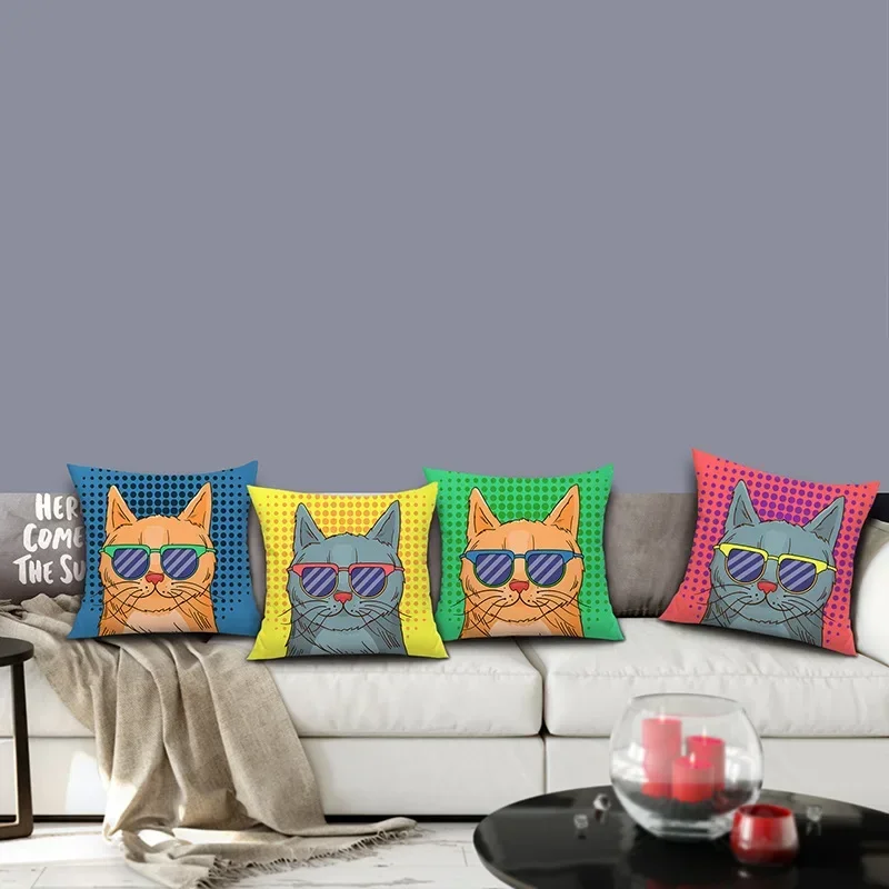 Fashion Cat Pillowcase Sunglasses Cat Throw Pillow Cover Decorative Cushions for Elegant Sofa Bed Room Aesthetics Home Decor