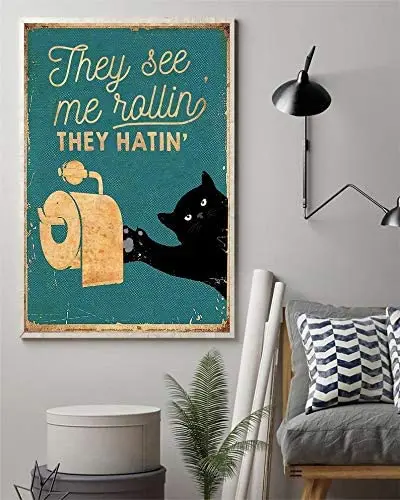 Vintage Tin Signs Kitchen Black Cat They See Me Rollin They Hatin Funny Bathroom Sign Toilet Quote Funny Bathroom Decor Toilet