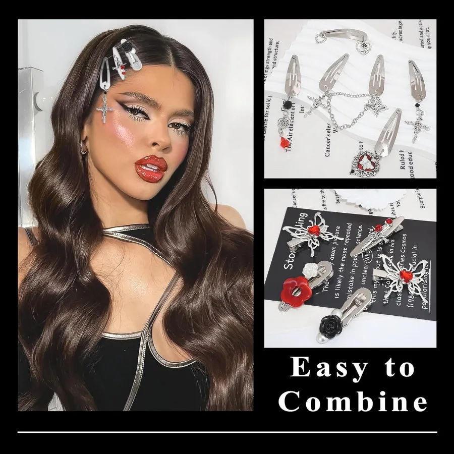 10 قطعة مقاطع الشعر الأحمر الصغيرة استرخى الفضة مقاطع الشعر المعدنية 9 الأشكال القوطي عبر كليب المفاجئة الشرير Y2K إكسسوارات الشعر للنساء جير