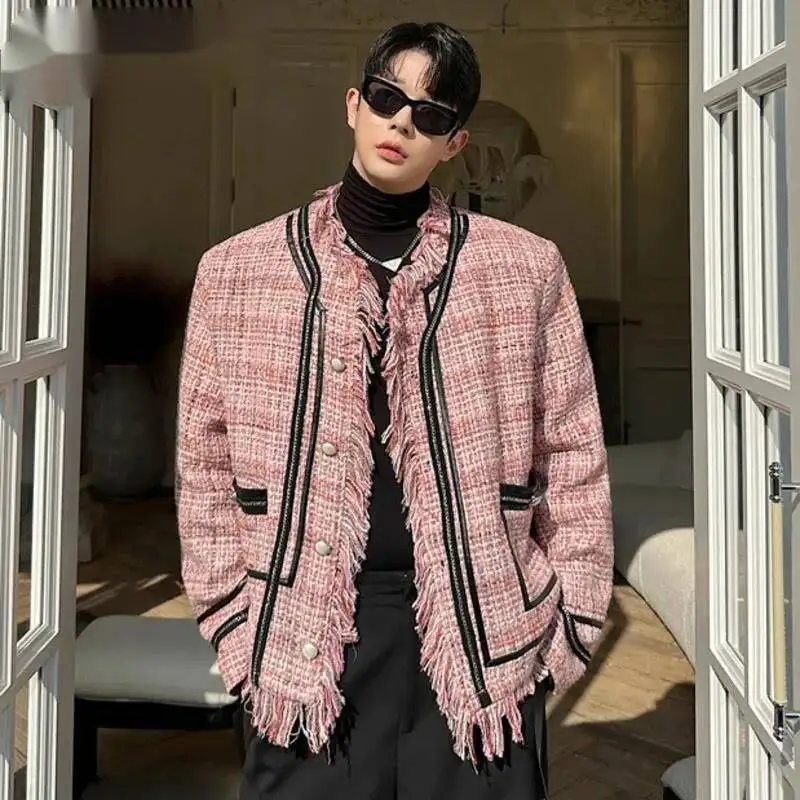 Niche Design Men's Jackets Round Collar Contrast Color Plaid Design Single Breasted Raw Edge Loose Male Coats New 9W8LTU