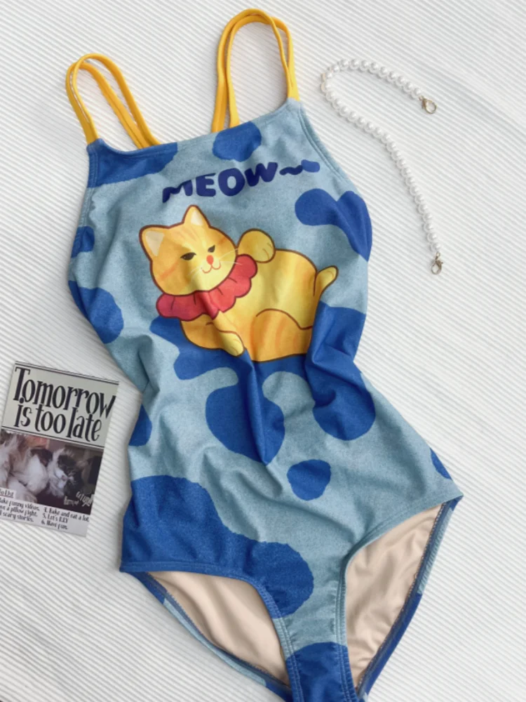 

Женский слитный купальник 2026 года, новинка, с принтом кошки, сексуальный боди-купальник на бретельках, летний монокини без спинки, пляжная одежда, женский купальный костюм