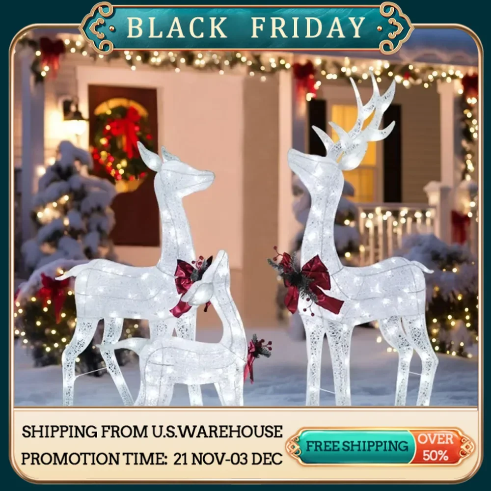 3-piece reindeer family set with lights for Christmas decoration, 4.5 FT pre lit with 200 LED lights, outdoor, indoor, white 3D