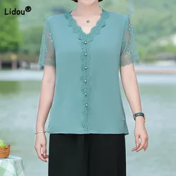 Women's Clothing Stylish Elegant Lace Spliced V-Neck Chiffon Tops 2023 Summer Female Commute Short Sleeve All-match T-shirt