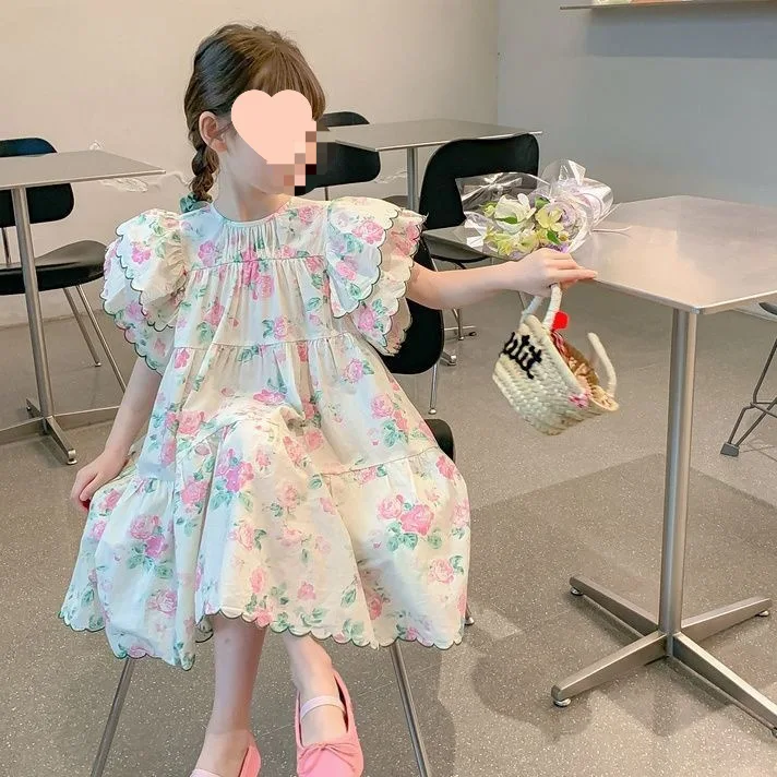 

Girls Dress 2024 Korean Style Summer New Floral Petal Sleeve Print Sweet Princess Loose Fashion Summer Children Skirts