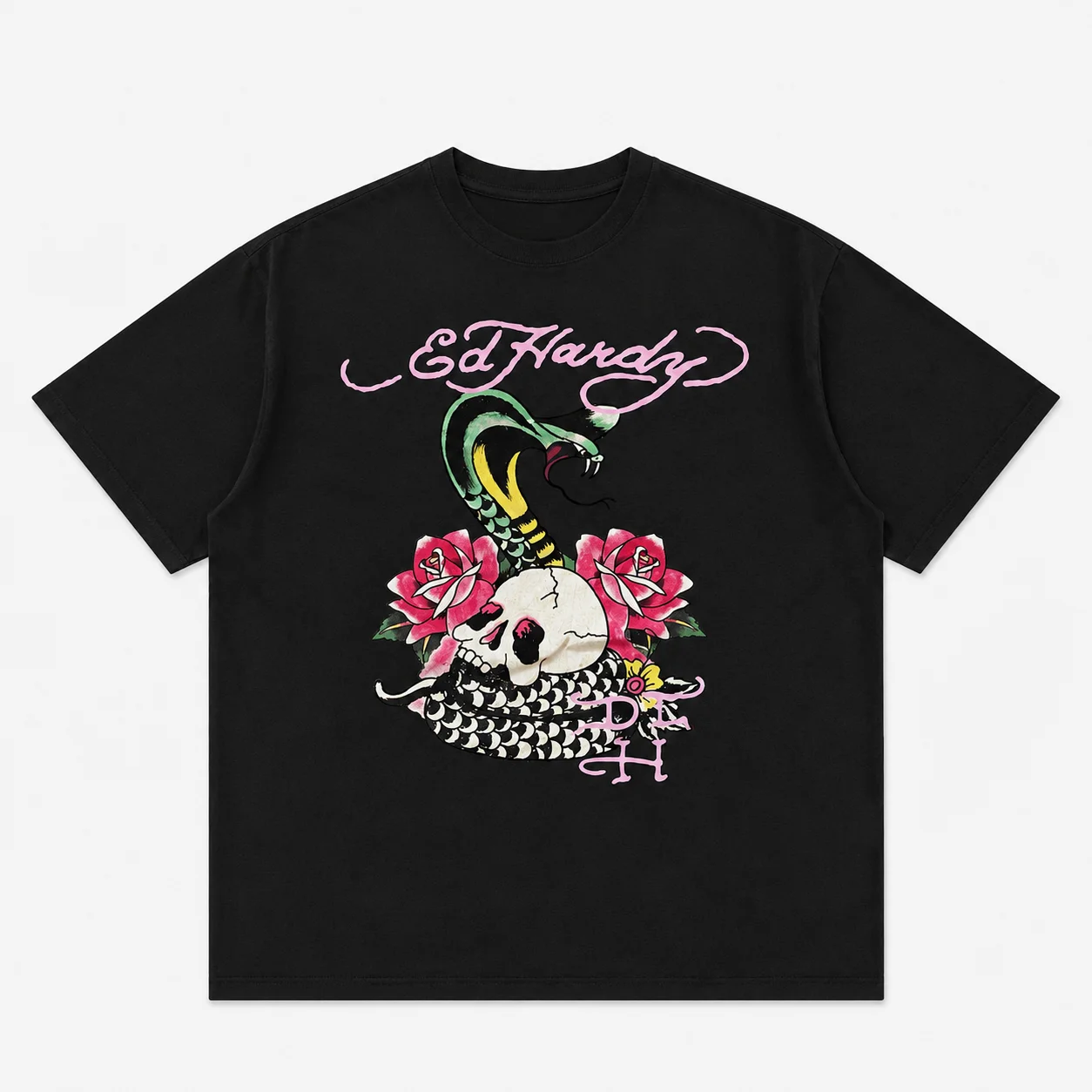 Ed Hardy Schlangenschädel-Rosen-Tattoo-Print T-Shirt Unisex Locker Geschnitten Übergroß Harajuku Streetwear Baumwolle Sommer Grafik Herren T-Shirts – Detail 3