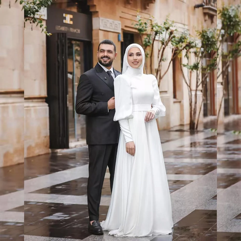 

Simple Muslim Wedding Dresses with Hijab High Neck Flare Sleeve for Women A-Line Floor Length White Bridal Gown Customized