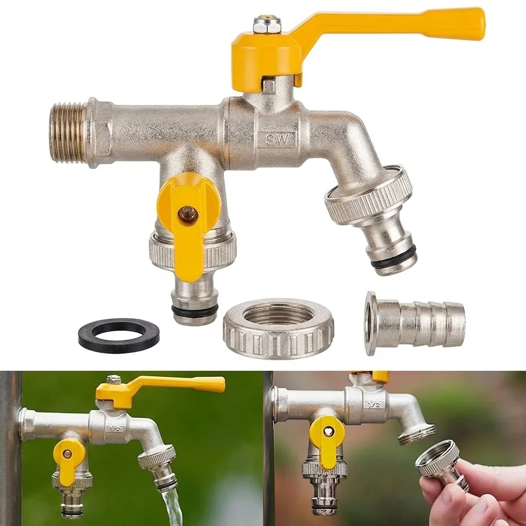 Outdoors Metal Cold proof Lever Tap Double One Outlet Faucets 1 2 Inch Home Garden Hose Water Ball Valve Controller Adapter Use