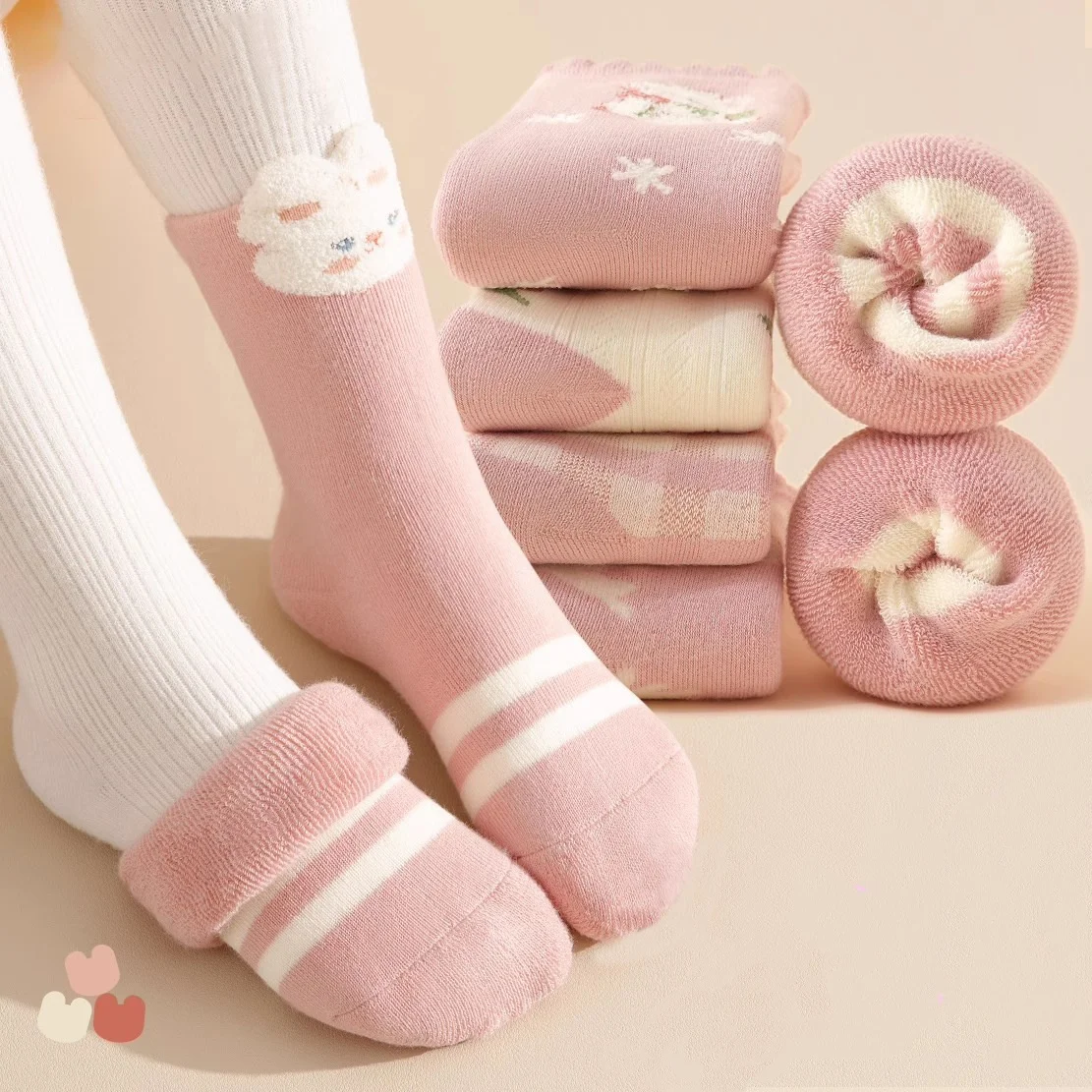 

5 Pairs/Set Winter Fleece Thickened Children's Socks Girls' Pink Cartoon Rabbit Pattern Socks Warm Mid-calf Princess Socks 1-12Y