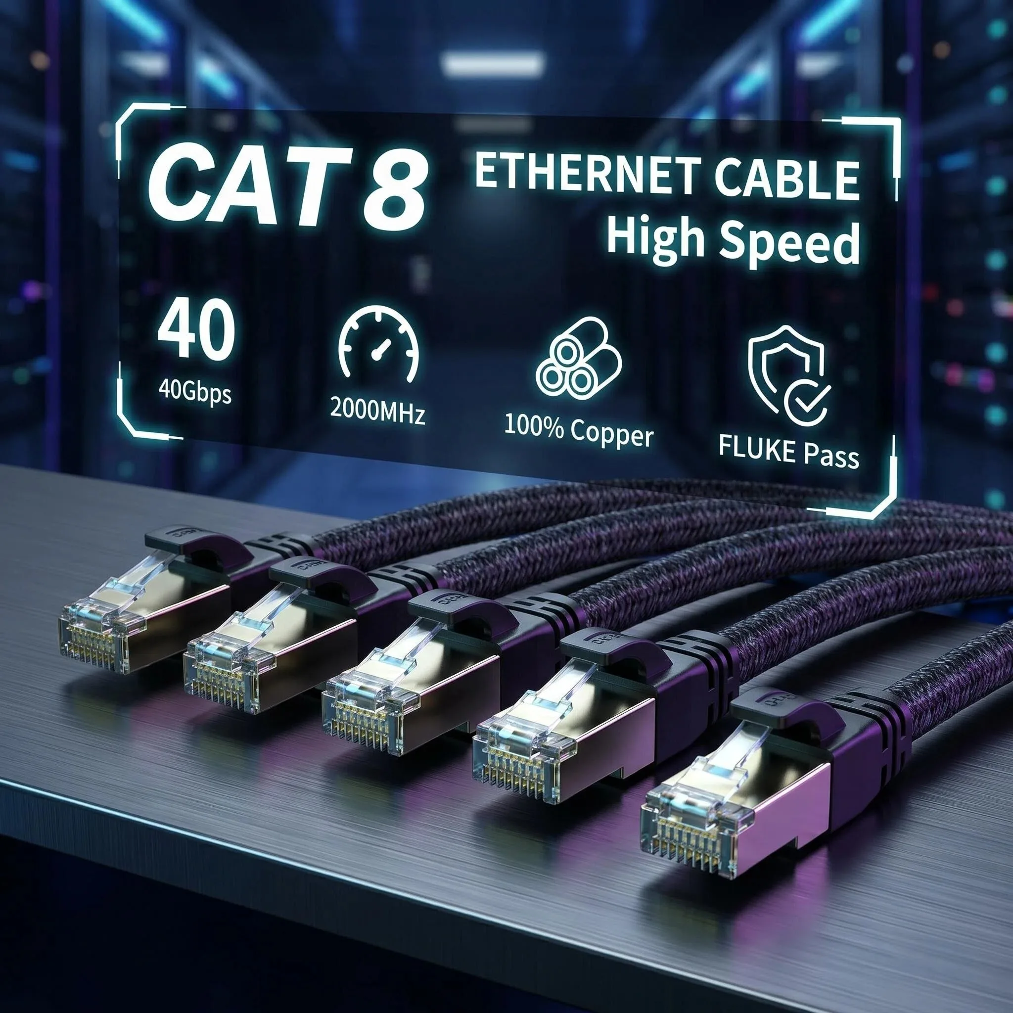 CAT8 Flat Ethernet Cable 40Gbps Nylon Braided LAN Cord for PC PS5 NAS Modem Laptop 1/5-Pack