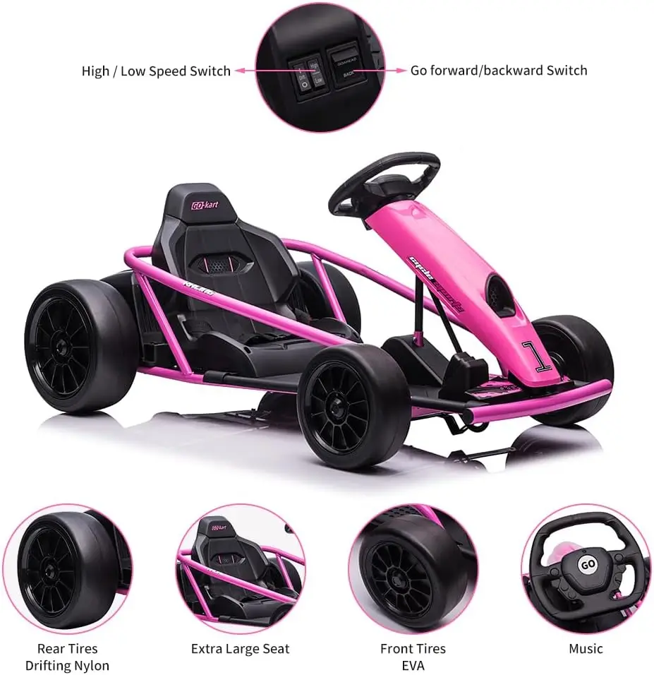 24V Go Kart Car for Kids 9Ah Battery 2 x 300W Motors 8.1Mph Fast Speed Drifting Circling Riding Racing Car Max Load 155Lbs 3-11Y