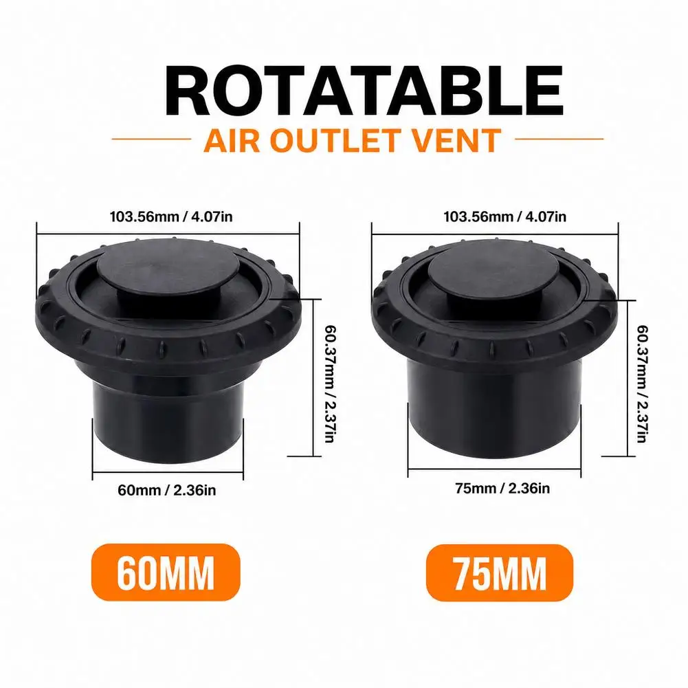 60mm / 75mm Diesel Heater Duct Ducting Air Vent Outlet Flat Pipe Joiner Connector Rotatable Connector Black For Car Truck VAN